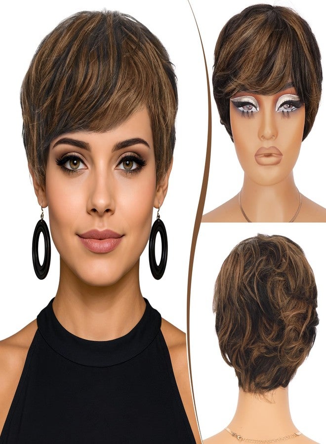 رويس باروكة شعر بشري بقصة بيكسي من رويس - باروكات قصيرة للنساء ذوات البشرة السمراء مع غرة، باروكة مموجة طبيعية متعددة الطبقات، بدون غراء، 1B/30# - Image 1